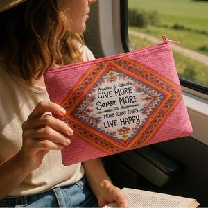 Zippered Pouch with gratitude quote. Made from 80% recycled bottles.